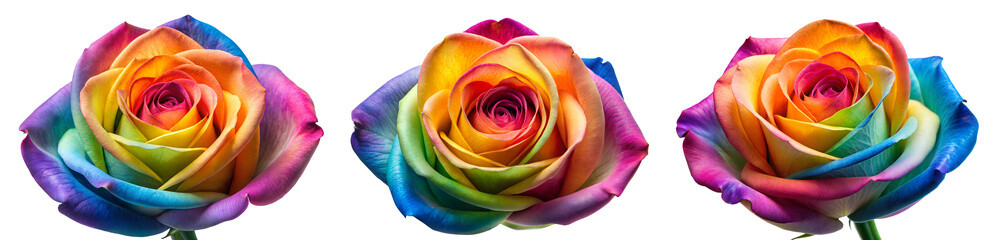 Rainbow Roses, with Multicolor Petals, Hybrid Tea Rose, and Floribunda Rose, Isolated on Transparent Background. PNG, Cutouts, and the Clipping Path included.