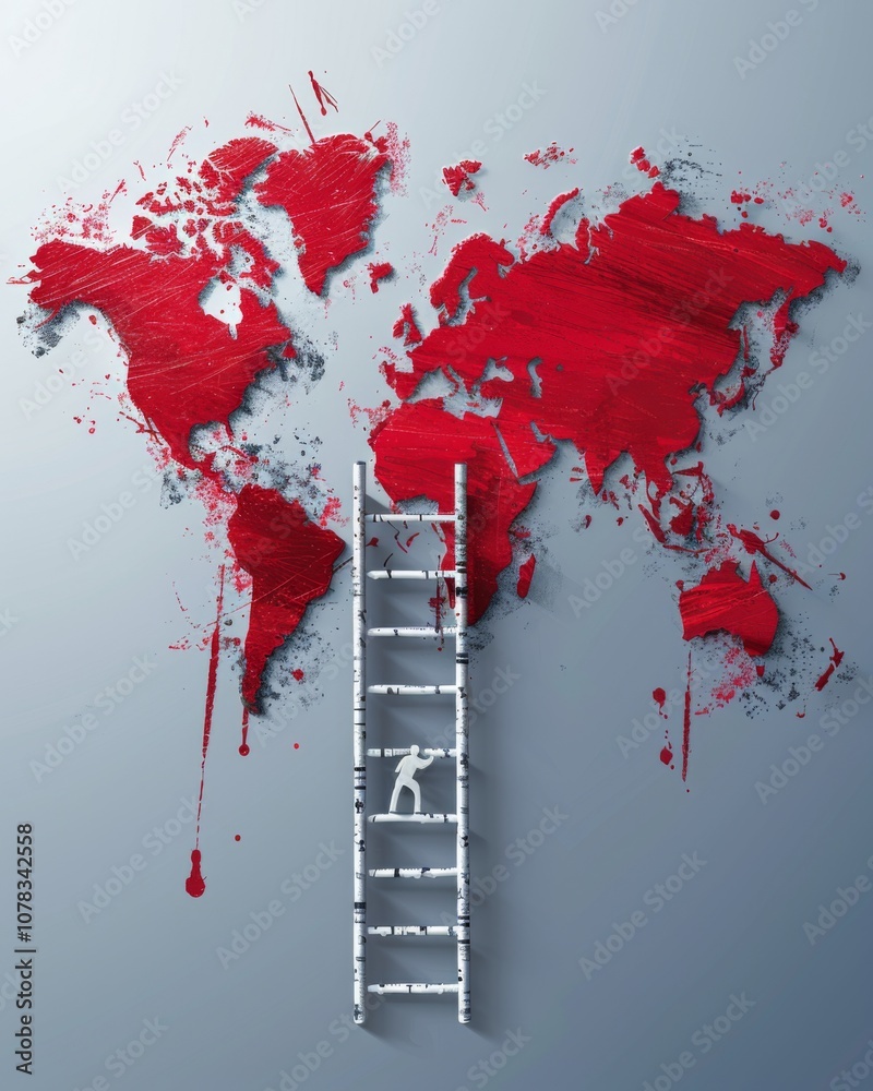 Wall mural man is climbing a ladder on a red map. the ladder is on the left side of the map