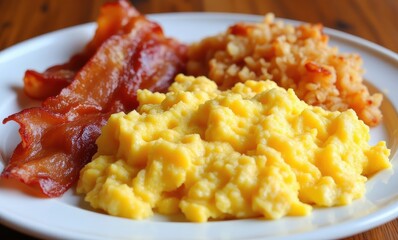 Delicious breakfast of scrambled eggs and bacon