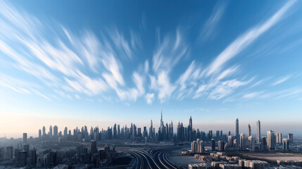 Obraz premium City skyline with modern skyscrapers under a vibrant blue sky and dynamic cloud patterns at sunrise
