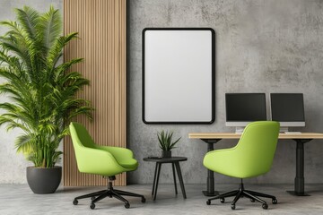 White Wall with Poster Frame in Modern Office Interior with Wooden Paneling and Concrete Floor