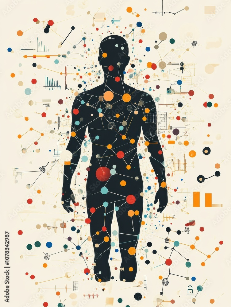 Poster a human silhouette is immersed in colorful molecules and diagrams, showcasing intricate biological a