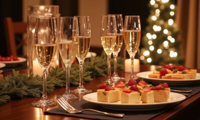 Elegant table setting with desserts and champagne