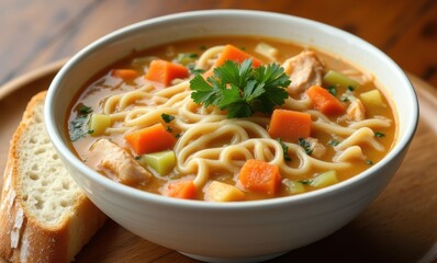 Delicious chicken noodle soup in a bowl