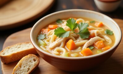 Delicious chicken noodle soup in a bowl