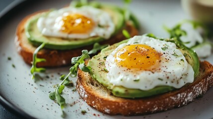 Two pieces of avocado toast topped with a fried egg and seasoned with pepper.
