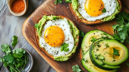 A breakfast of avocado toast with a fried egg on top, seasoned with salt and pepper,  served with cilantro.