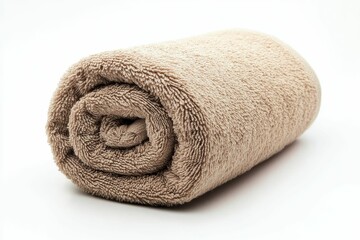 Rolled brown towel on white background.