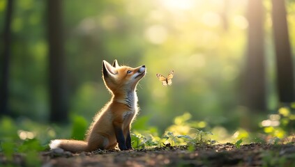Obraz premium A cute red fox kit sits in a forest, looking up at a butterfly flying in the sunlight.