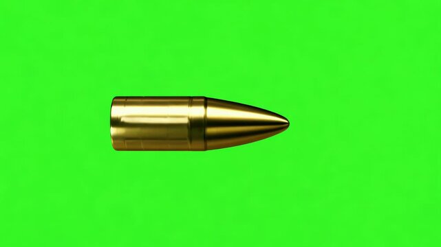 A golden metal bullet shot horizontally in a fixed position on the green screen background, generative ai