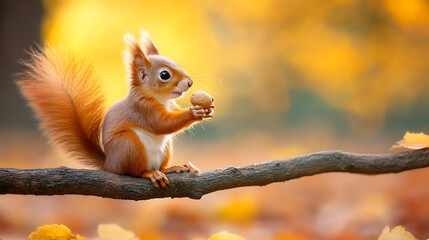 A cute red squirrel sits on a branch holding a nut, with a warm autumnal background.
