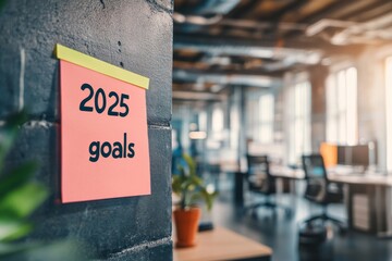 Inspiring 2025 Goals on a Post-It Note Evoking Positivity and Motivation in the Office