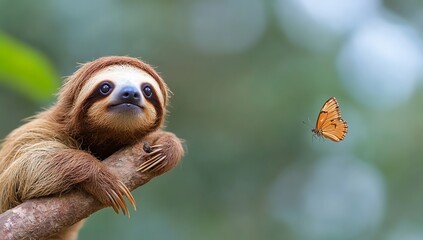 Naklejka premium A cute sloth looks up at a butterfly flying in the air.