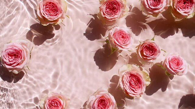 Pink rose flowers on water surface and of waves on pink background. Sun and shadows. Water splash. Pure pink water with reflections sunlight and shadows in slow motion. Sample for design, advertising.