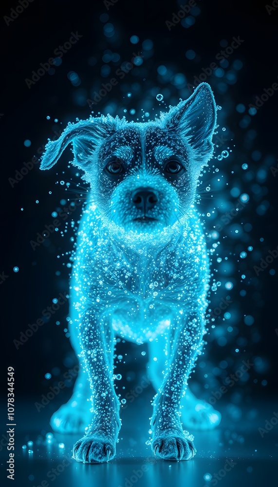 Poster A Captivating Visual of a Vigorous Dog Disappearing into Particles with Glowing Effects for Artistic and Creative Projects