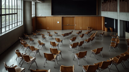 Empty modern lecture hall with rows of wooden chairs and large blackboard, featuring natural light from large windows and wood paneling