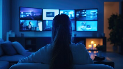 Woman Engaging with Home Smart TV to Access OTT Content: Embracing Modern Entertainment and Connectivity.