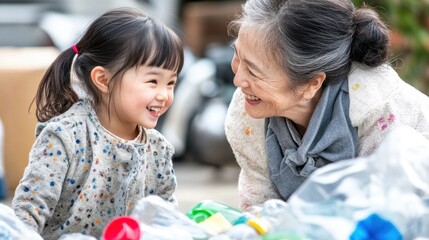 Grandmother and granddaughter share laughter while learning about recycling during a local event