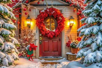 Obraz premium A Cozy Winter Scene: A Festive Door Adorned with Red Leaves and a Wreath Surrounded by Snow-Covered Trees, Inviting Warmth and Cheer During the Holiday Season
