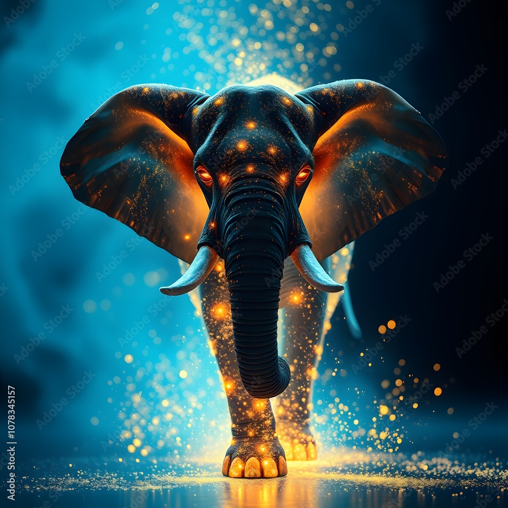 Poster A captivating representation of a vigorous elephant dissolving into glowing particles, ideal for artistic projects, educational materials, and nature-themed designs.