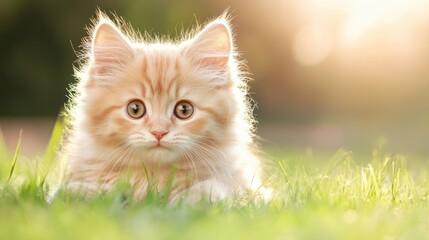 A cute, fluffy orange kitten gazes curiously while lying in soft green grass, illuminated by warm sunlight, This image is perfect for pet-themed content, marketing, or any cat-related projects,