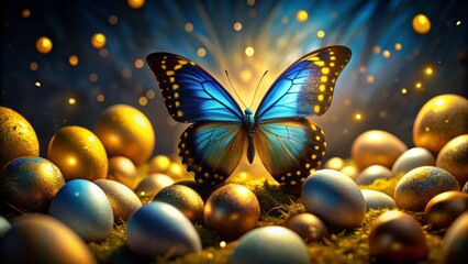 A Stunning Night Photography of a Yellow and Blue Butterfly Amidst Vibrant Gold Easter Eggs on a Dark Background, Capturing the Essence of Spring Celebrations