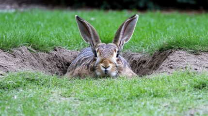Fototapeta premium A rabbit peeking out from a burrow on a grassy field.