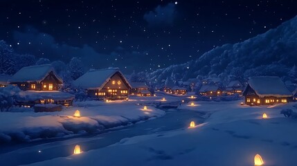 Fototapeta premium Peaceful anime village covered in snow with glowing lanterns at night