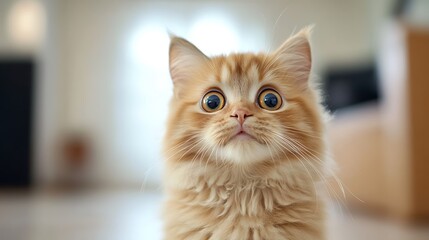 A fluffy orange cat with big eyes stares directly at the camera, looking curious and surprised.