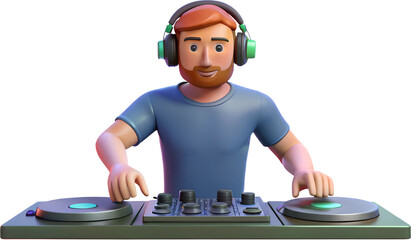 3D Illustration of a DJ Mixing Music with Turntables and Headphones