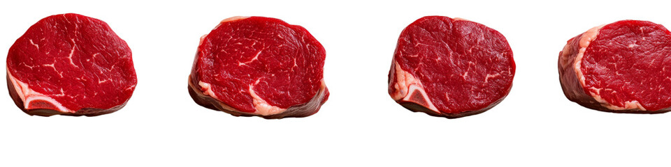 Fototapeta premium Set of Four Pieces of Raw Beef Cut into Steaks , PNG transparent background