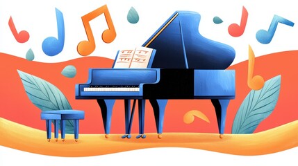 A vibrant blue grand piano surrounded by musical notes and leaves on a bright background.