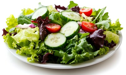 A fresh salad with mixed greens, cucumber, tomatoes, and red onion on a white plate.