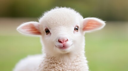 Fototapeta premium A close-up of an adorable white lamb with big eyes and a sweet expression, set against a soft green background, This image is perfect for farm-themed projects, children's books