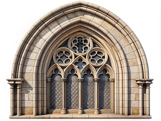 Fototapeta premium Aerial View of a Gothic Arched Window with Intricate Carvings and Stone Texture, Showcased in a 3D Illustration Isolated Against a White Background for Architectural Design and Inspiration