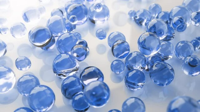 Blue cosmetic serum with liquid bubbles in a 3D abstract background. Hydrating essence gel enriched with collagen molecules. Moisturizing cream or oil for advanced skincare, beauty, and skin health.