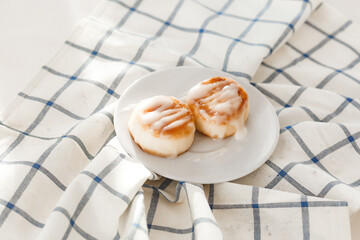 Cottage cheese fritters served on  white table