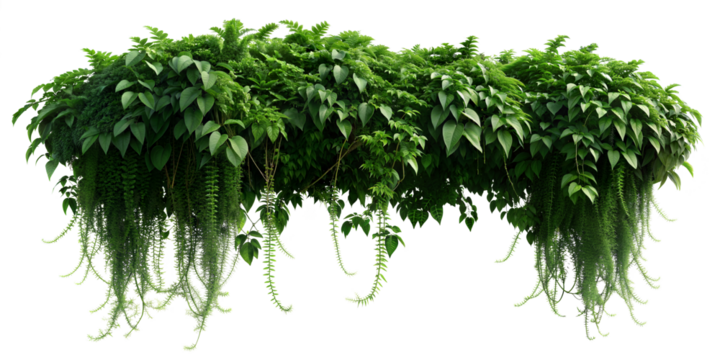 Lush cascading greenery and hanging vines (Philodendron, Pothos, Fern, Ivy, Creeping Fig, String of Pearls). PNG, isolated on transparent background with clipping path cutout.