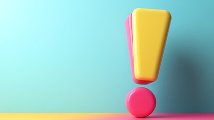 A yellow exclamation mark with pink polka dots stands on a yellow, blue, and pink background.