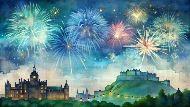 Edinburgh Castle silhouette celebrating Hogmanay with colorful fireworks in a watercolor backdrop