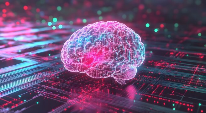 A digital brain made of bright neon pink and blue circuitry, surrounded by an array of tiny red lights that represent data flowing through a neural network. A futuristic highlights the technology.