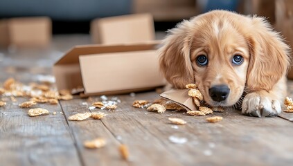 A golden puppy sits in a room surrounded by scattered cereal, looking guilty after a snack attack.