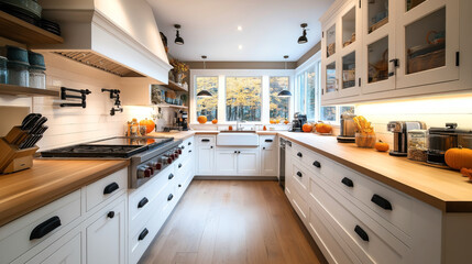 Fototapeta premium Bright modern kitchen with white cabinetry, wooden countertops, and autumn decorations including pumpkins. Large windows overlooking a fall landscape. Equipped with modern appliances.