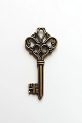 Ornate brass key on white background.