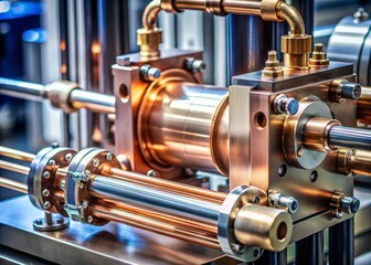 Close-Up of an Industrial Hydraulic Pump with Copper Tubing for Fluid Flow Control - Perfect for Mechanical and Engineering Visuals