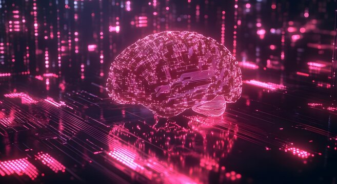 A digital brain made of bright neon pink and blue circuitry, surrounded by an array of tiny red lights that represent data flowing through a neural network. A futuristic highlights the technology.