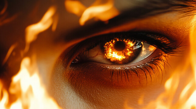 Close-up of eyes reflecting fire or a menacing scene, symbolizing destructive intentions.