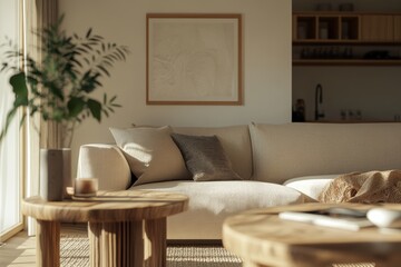 Warm and Inviting Scandinavian Living Room with Cozy Beige Sofa and Wooden Accents