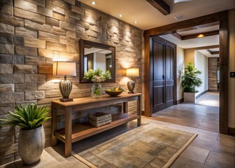 Coastal-Inspired Modern Entrance Hall with Stone Tile Walls and Rustic Wooden Accents: A Low Light Photography Perspective