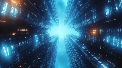 Blue sky skyscrapers symmetrical composition building, Background modern blue building